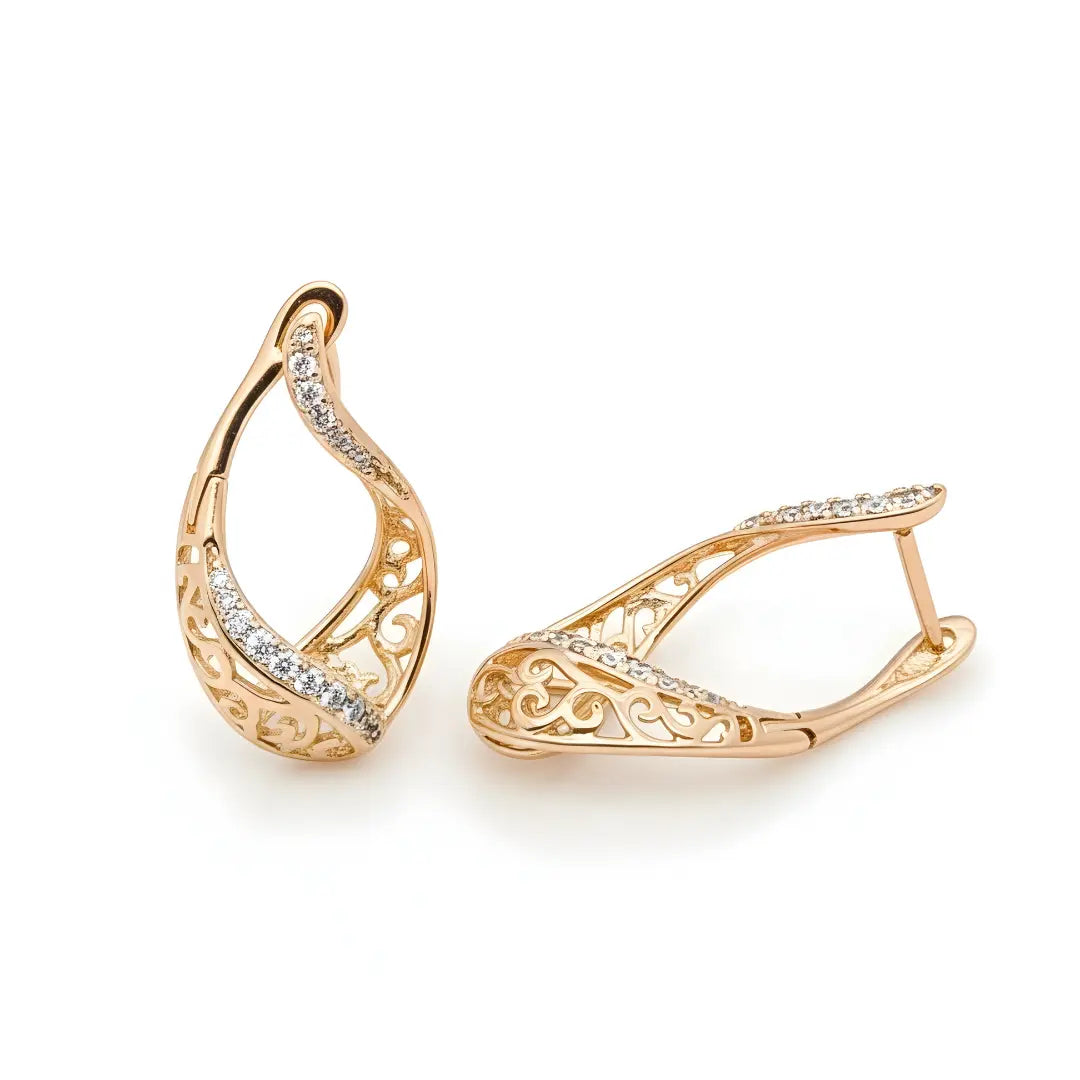 18K Gold Filled Filigree Teardrop Huggie Earrings – Intricate Cutout Cubic Zirconia Accent Hoops